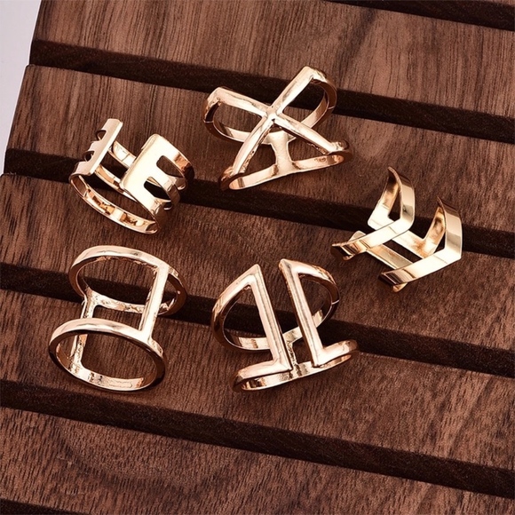 Reflective Gold 5-Piece Geometric Chic Ring Set - Picture 3 of 8